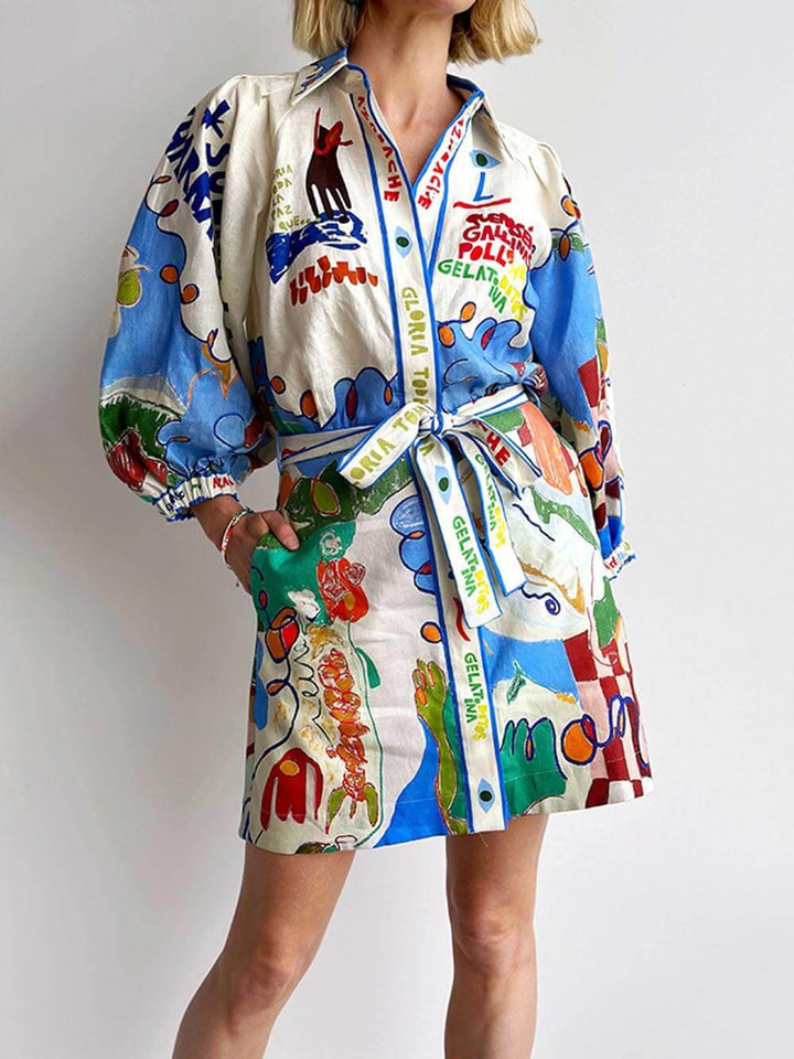 Unique Linen Print Cardigan Lace-Up Mini Dress