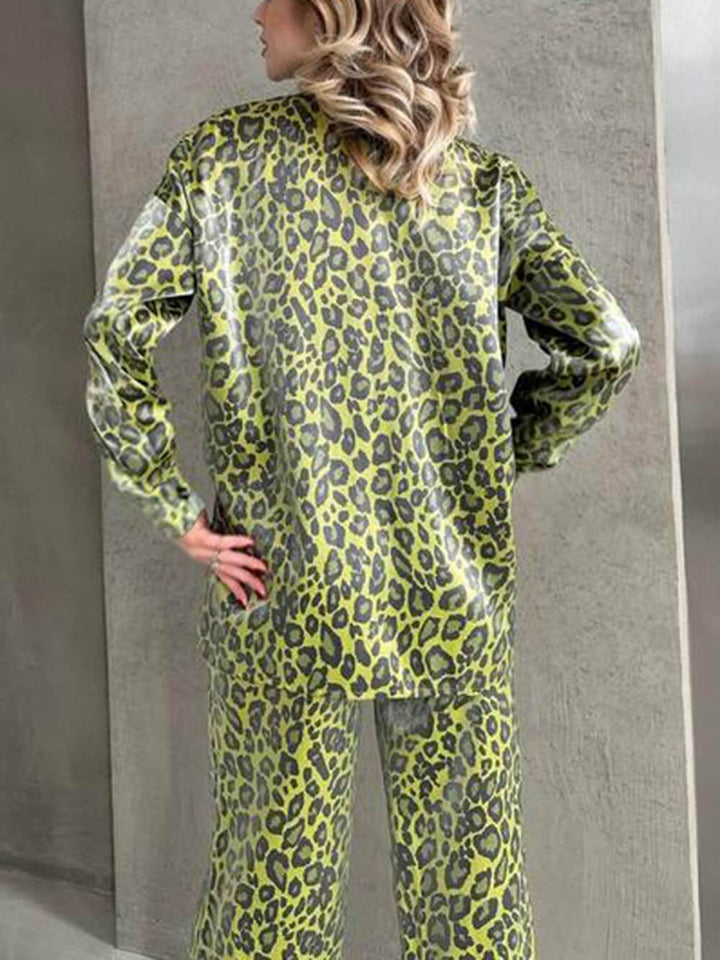Unique Leopard Print Long-sleeved Top and Loose Elastic Waist Tie Pants Set