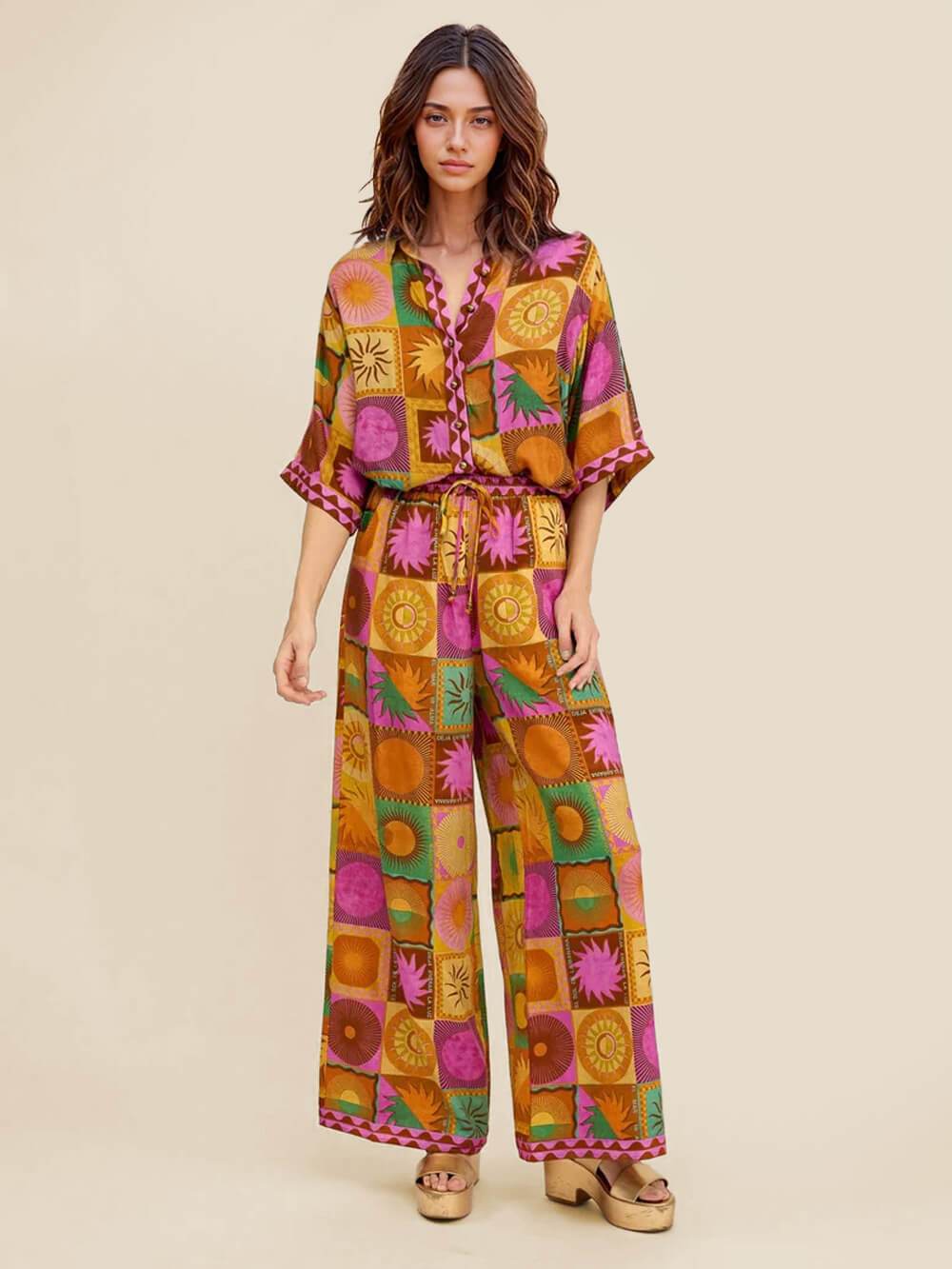 Unique Sun Pattern Print Loose Shirt