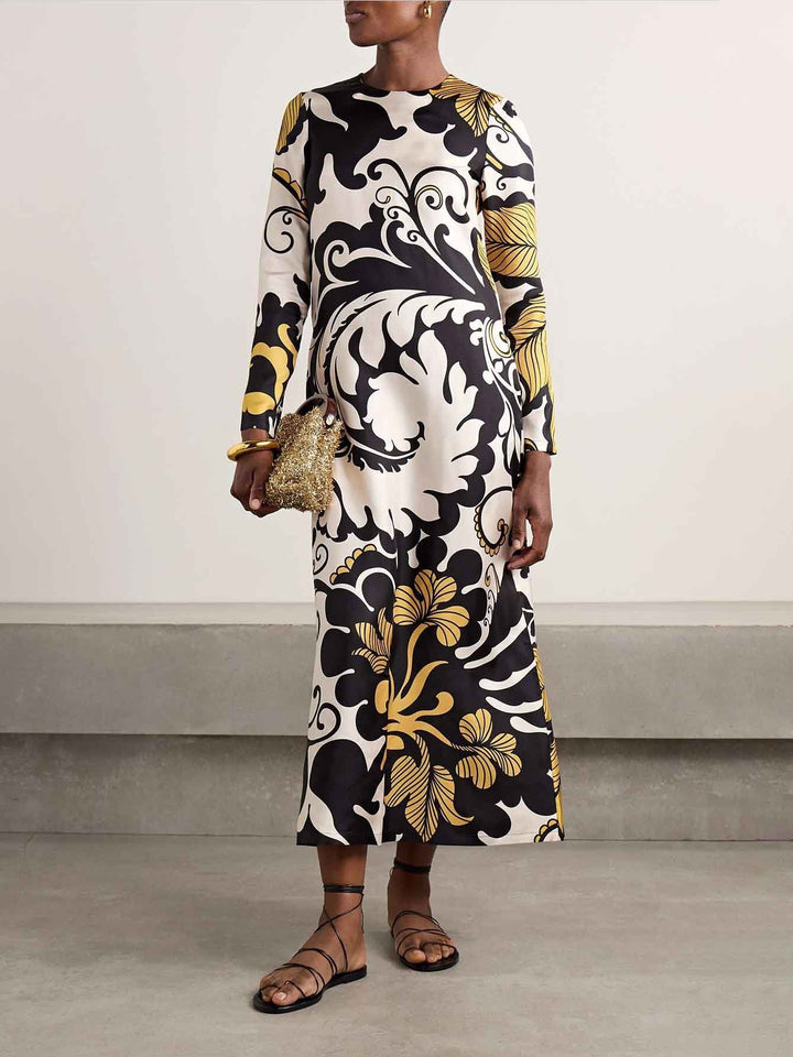 Unique Abstract Botanical Print Midi Dress
