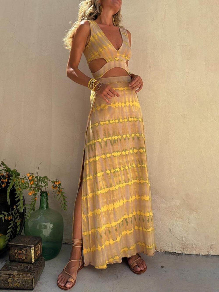 Unique Tie-dye Print Cutout Design Slit Stretch Dress