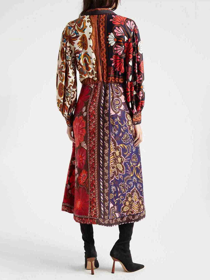 Vintage Floral Print Single Breasted Shirt Midi Dress