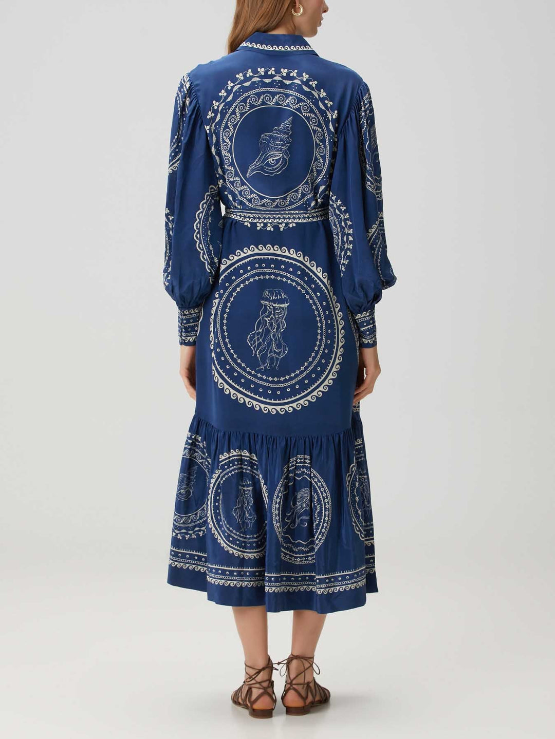 Exquisite Blue Ocean Print Lace-Up Single-Breasted Midi Dress